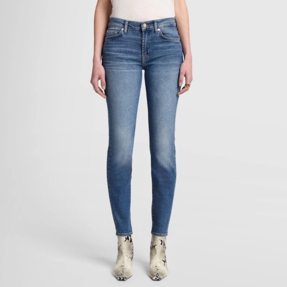 7 FOR ALL MANKIND Roxanne Distressed Low-Rise Skinny Jeans in Blue Size 26